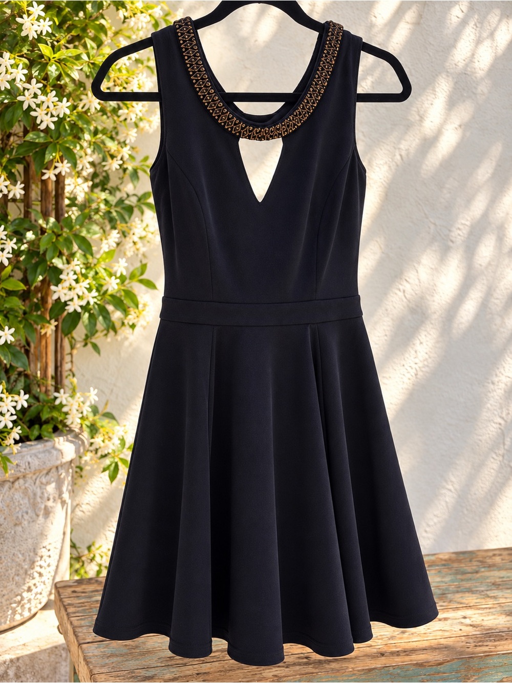 XOXO Navy & Gold Sleeveless Embellished Fit & Flare Party Club Prom Dress Size S